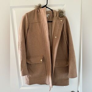 J. Crew Factory Tan Pea Coat with Faux Fur Hood